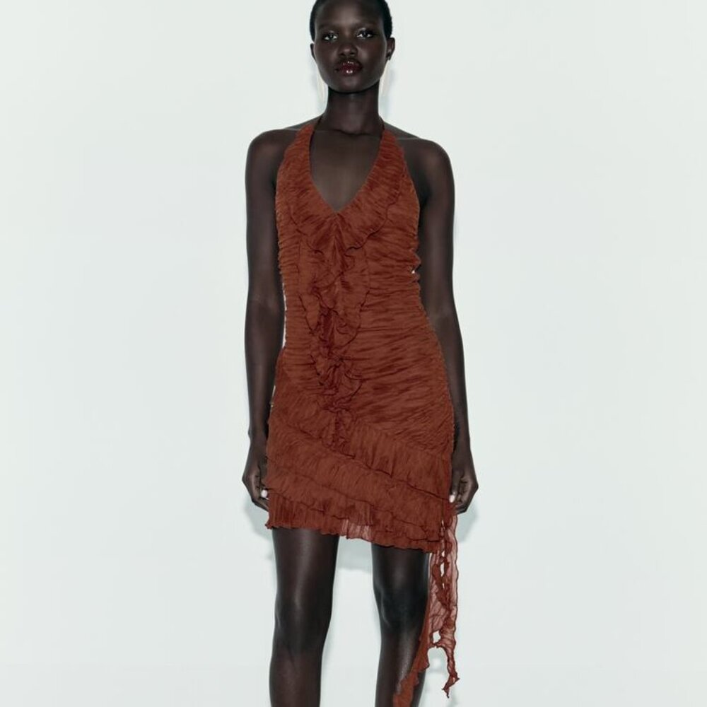 Zara Rust Brown Ruffled Mini Dress - Picture 3 of 8